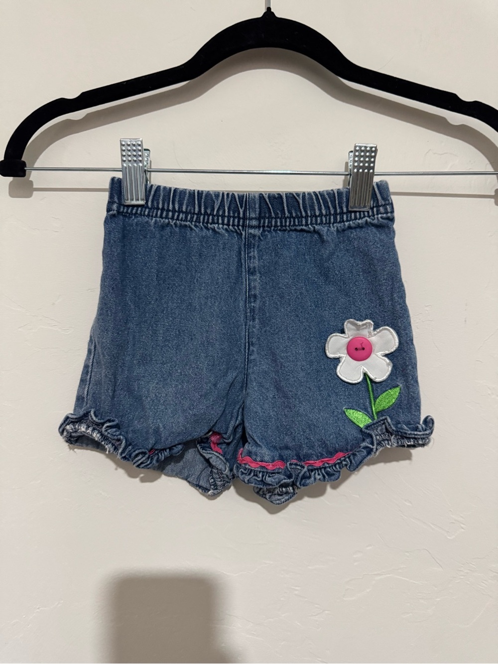 Vintage Girls Denim Pull On Shorts Embroidered Flower Ruffle Hem 2T Y2K